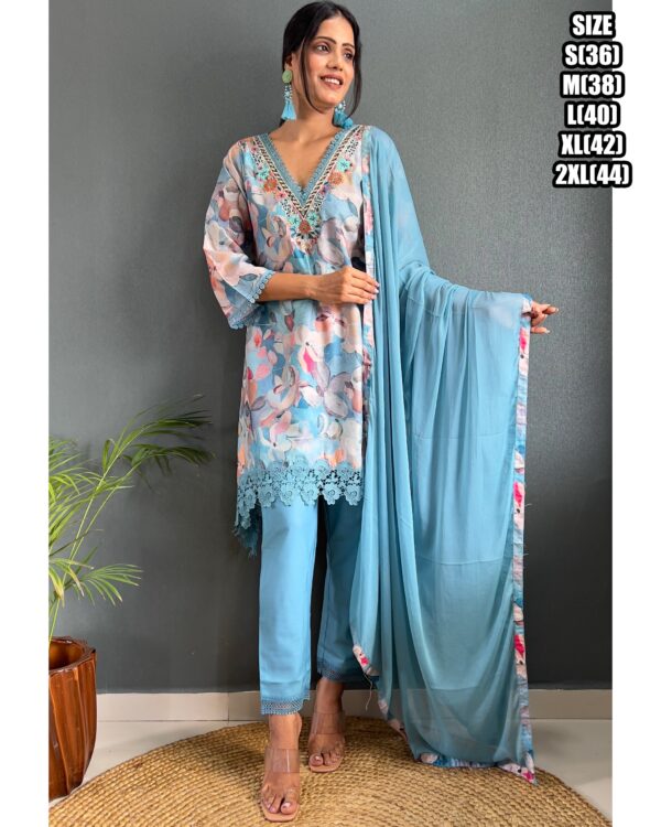 Presenting Party Wear Embroidered With Stitched Cotton Kurti Pant And Chiffon Dupatta