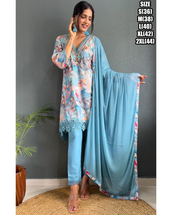 Presenting Party Wear Embroidered With Stitched Cotton Kurti Pant And Chiffon Dupatta