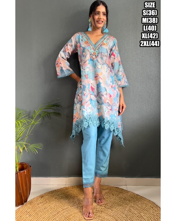 Presenting Party Wear Embroidered With Stitched Cotton Kurti Pant And Chiffon Dupatta