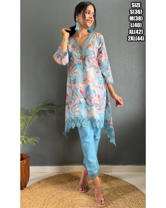 Presenting Party Wear Embroidered With Stitched Cotton Kurti Pant And Chiffon Dupatta