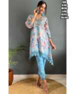 Presenting Party Wear Embroidered With Stitched Cotton Kurti Pant And Chiffon Dupatta