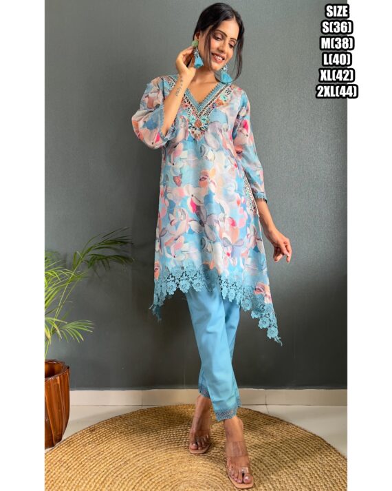 Presenting Party Wear Embroidered With Stitched Cotton Kurti Pant And Chiffon Dupatta