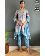 Presenting Party Wear Embroidered With Stitched Cotton Kurti Pant And Chiffon Dupatta