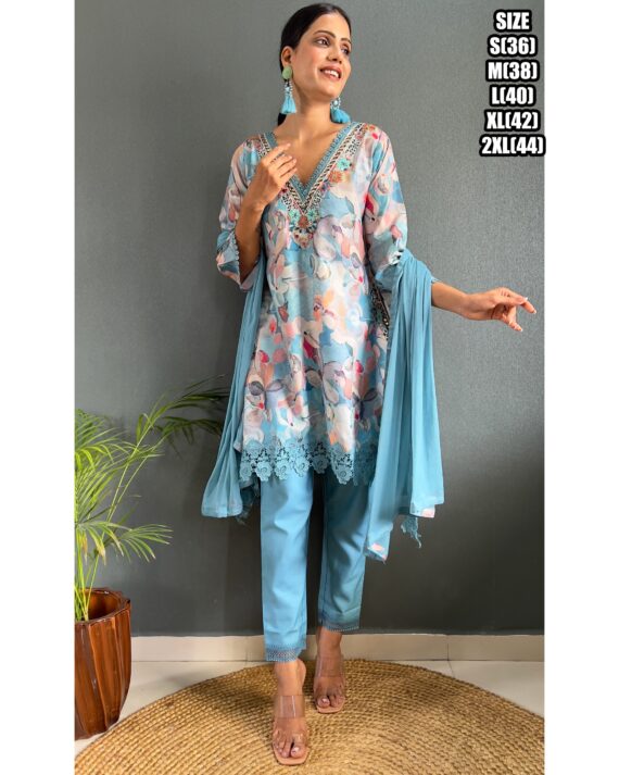 Presenting Party Wear Embroidered With Stitched Cotton Kurti Pant And Chiffon Dupatta