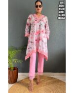 Presenting Party Wear Embroidered With Stitched Cotton Kurti Pant And Chiffon Dupatta