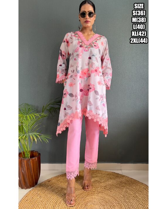 Presenting Party Wear Embroidered With Stitched Cotton Kurti Pant And Chiffon Dupatta