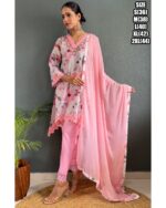 Presenting Party Wear Embroidered With Stitched Cotton Kurti Pant And Chiffon Dupatta