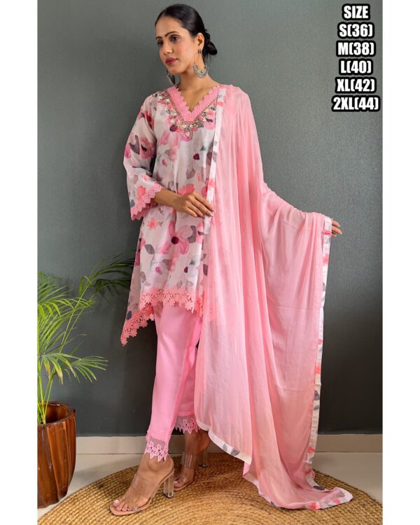 Presenting Party Wear Embroidered With Stitched Cotton Kurti Pant And Chiffon Dupatta