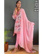 Presenting Party Wear Embroidered With Stitched Cotton Kurti Pant And Chiffon Dupatta