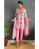 Presenting Party Wear Embroidered With Stitched Cotton Kurti Pant And Chiffon Dupatta