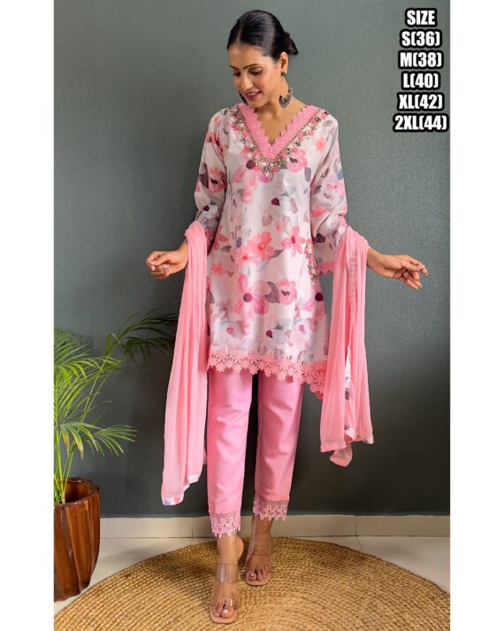 Presenting Party Wear Embroidered With Stitched Cotton Kurti Pant And Chiffon Dupatta