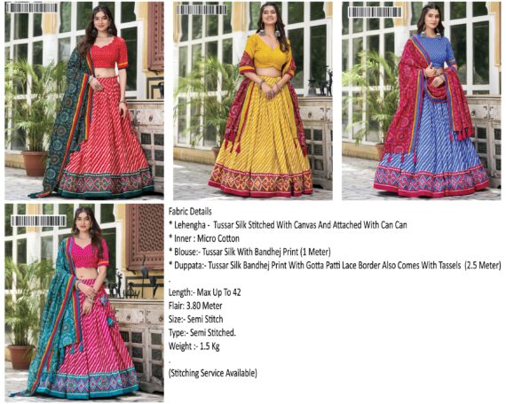 New Arrival Tussar Silk Bandhej Print Design Lehengha Choli And Dupatta Set For Navratri 2024
