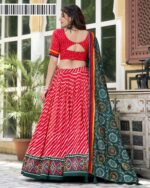 New Arrival Tussar Silk Bandhej Print Design Lehengha Choli And Dupatta Set For Navratri 2024