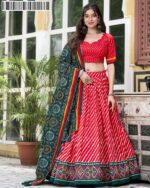 New Arrival Tussar Silk Bandhej Print Design Lehengha Choli And Dupatta Set For Navratri 2024