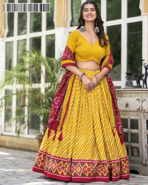 New Arrival Tussar Silk Bandhej Print Design Lehengha Choli And Dupatta Set For Navratri 2024