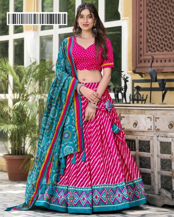 New Arrival Tussar Silk Bandhej Print Design Lehengha Choli And Dupatta Set For Navratri 2024