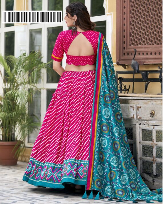 New Arrival Tussar Silk Bandhej Print Design Lehengha Choli And Dupatta Set For Navratri 2024