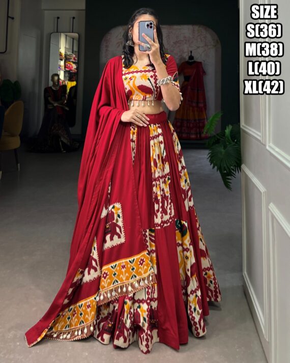 Stunning Printed Work In Rayon With Silk Designer Stitch Navratri Lehenga Choli 2024