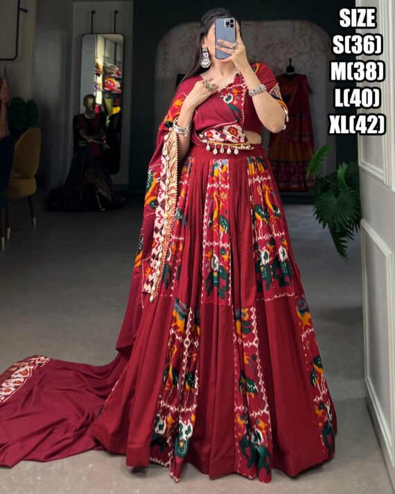 Stunning Printed Work In Rayon With Silk Designer Stitch Navratri Lehenga Choli 2024