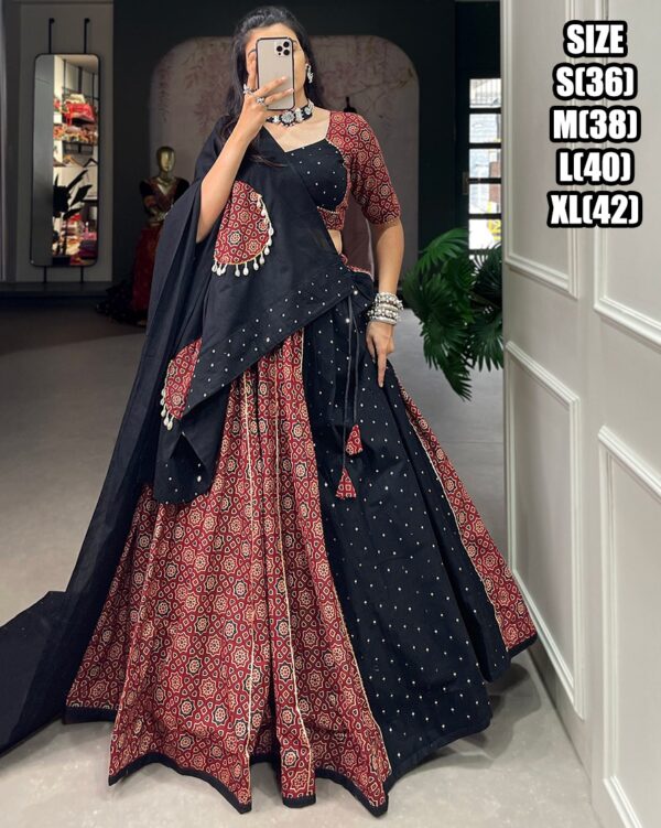 Red And Black Printed And Overall All Mirror Work Navratri Lehenga Choli 2024
