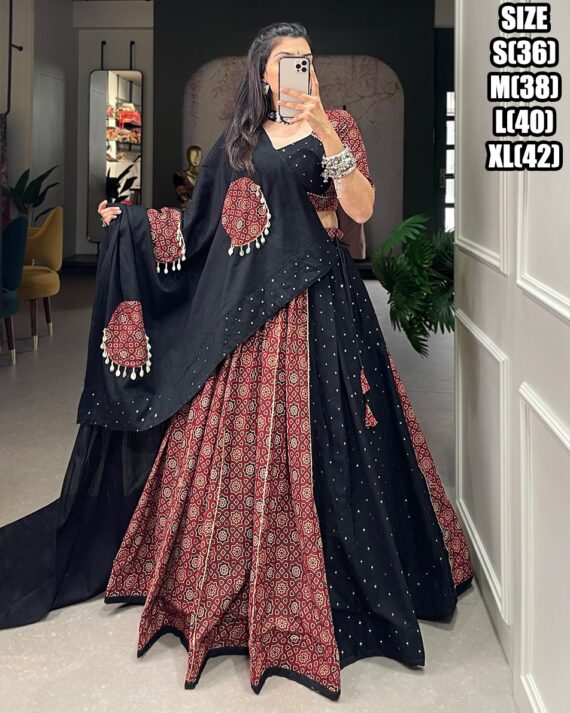 Red And Black Printed And Overall All Mirror Work Navratri Lehenga Choli 2024