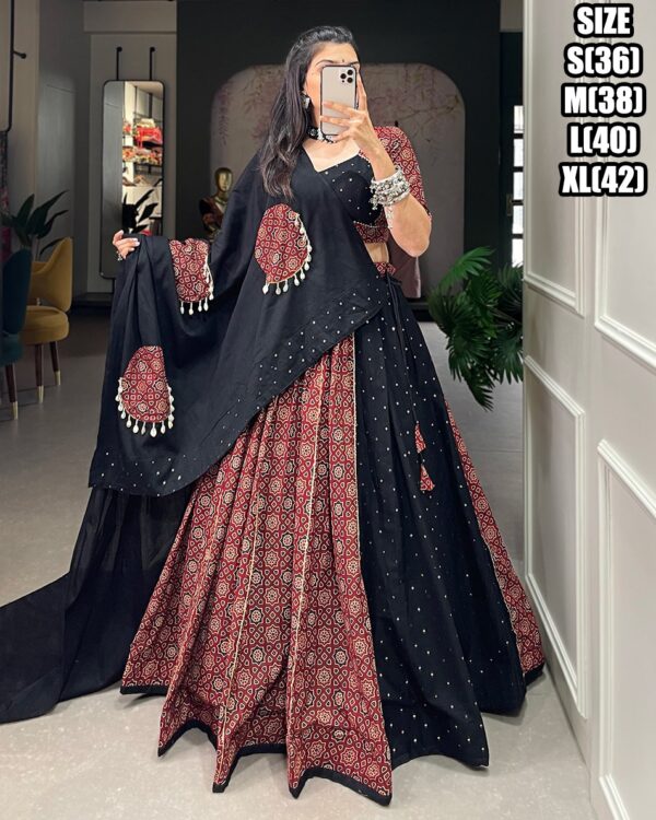 Red And Black Printed And Overall All Mirror Work Navratri Lehenga Choli 2024
