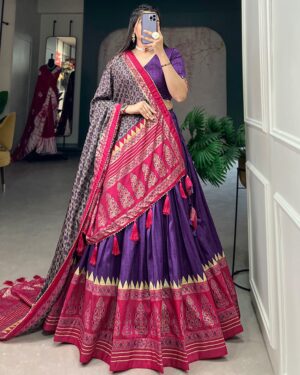 Tussar Silk Lehenga Choli Floral Print With Foil Print For Indian Navratri Festival