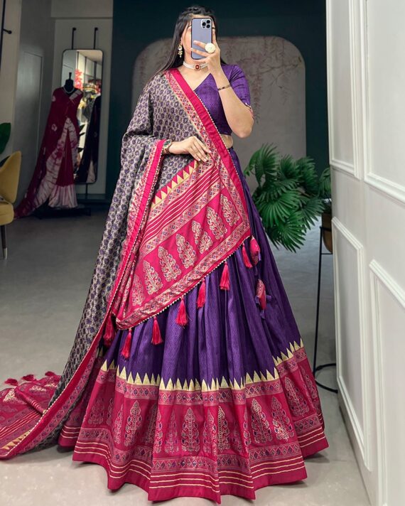 Tussar Silk Lehenga Choli Floral Print With Foil Print For Indian Navratri Festival