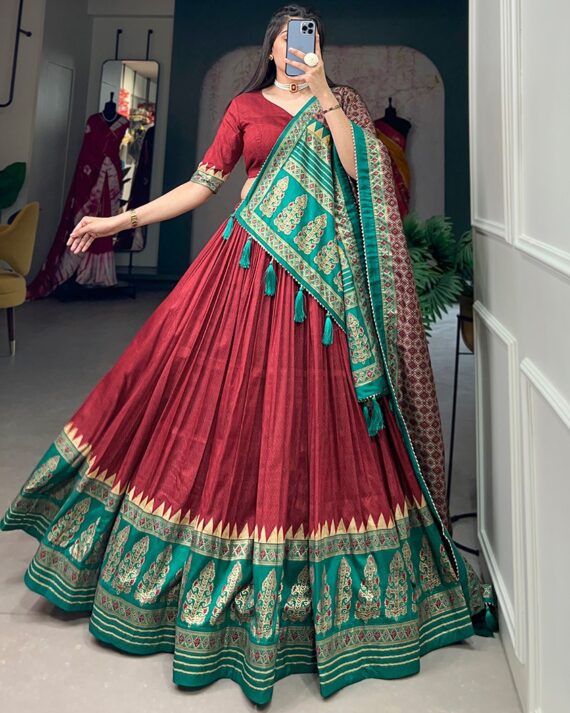 Tussar Silk Lehenga Choli Floral Print With Foil Print For Indian Navratri Festival