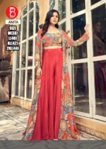 Coral Red Georgette Hand Worked Crop Top Plazo Set With Flared Floral Shrug