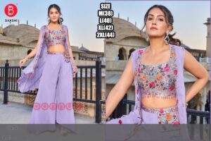 Party Wear Designer Crop Top With Plazo And Shrug Ready To Wear From Our Collection Of Exclusive