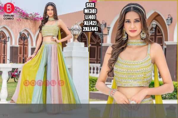 Scoop Neckline Embroidery Designer Crop Top And Multi Georgette Flared Plazo Pant With Dupatta