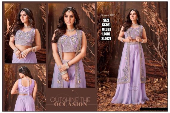 Three Piece Party Wear Bollywood Western Type Ready To Wear Crop Top Plazzo With Shrug Dress