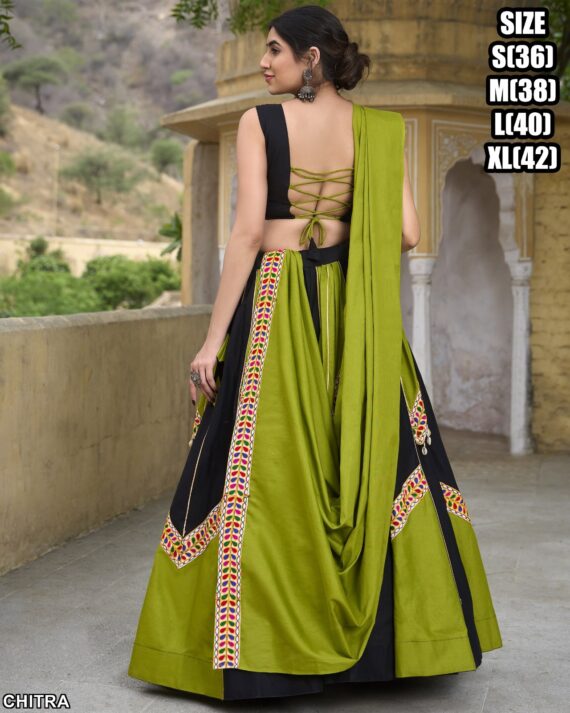 Parrot Colour Plain With Gamthi Work Cotton Traditional Chaniya Choli For Navratri