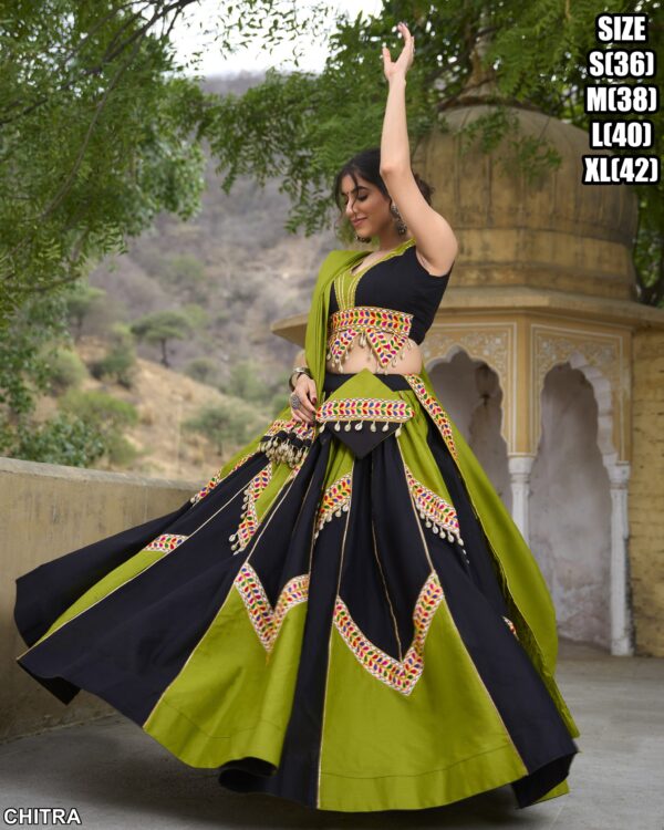 Parrot Colour Plain With Gamthi Work Cotton Traditional Chaniya Choli For Navratri