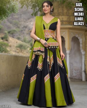 Parrot Colour Plain With Gamthi Work Cotton Traditional Chaniya Choli For Navratri