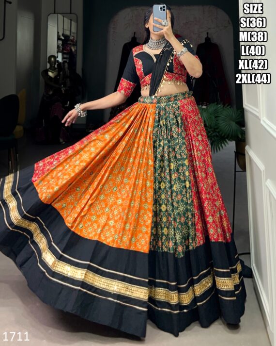 Wearing a Beautiful Multi Colour Dola Silk And Pure Cotton Lehenga Choli For Navratri Festival
