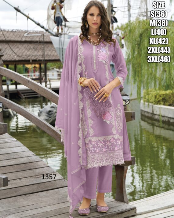 Full Embroidery Work On Soft Organza Festive Wear Kurti With Pant And Dupatta Set