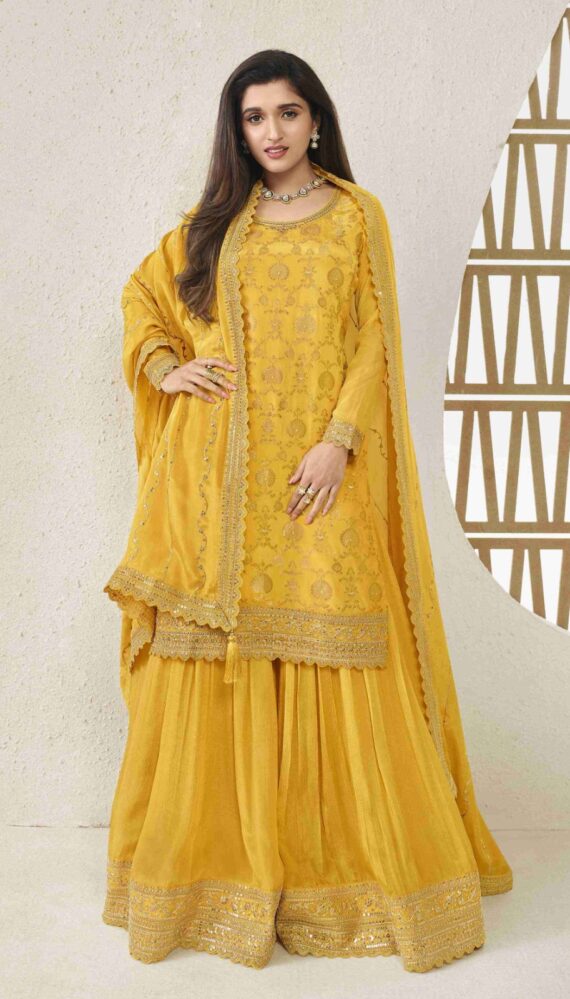 Attractive Variety Of Our Classic And Embellished Chinon Jacquard Salwar Kameez (Plazo Suit)
