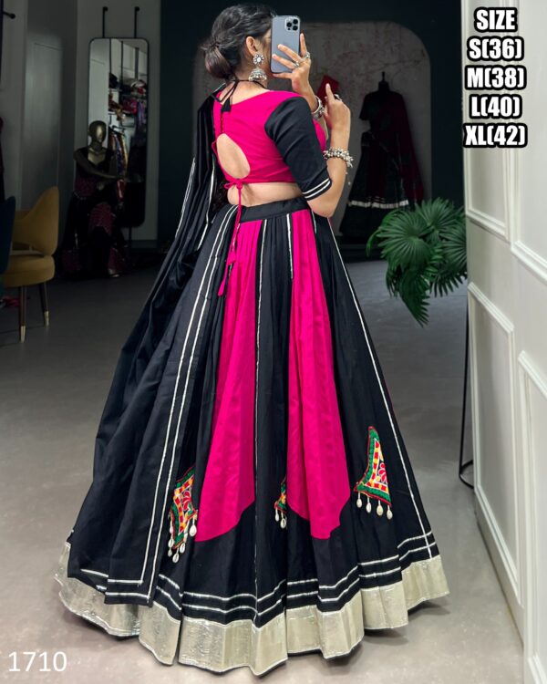Rani Pink And Black Fancy Gamthi Patch Work Stitch Navratri Lehenga Choli 2024