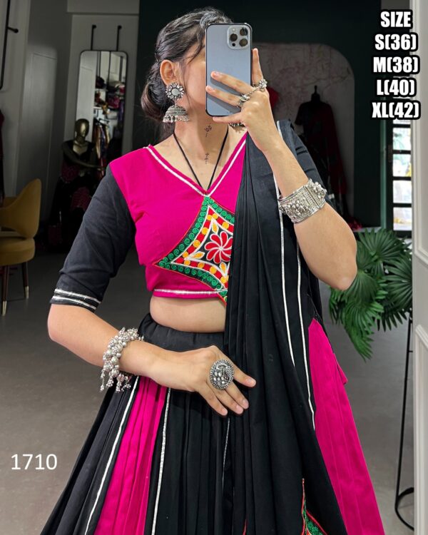 Rani Pink And Black Fancy Gamthi Patch Work Stitch Navratri Lehenga Choli 2024