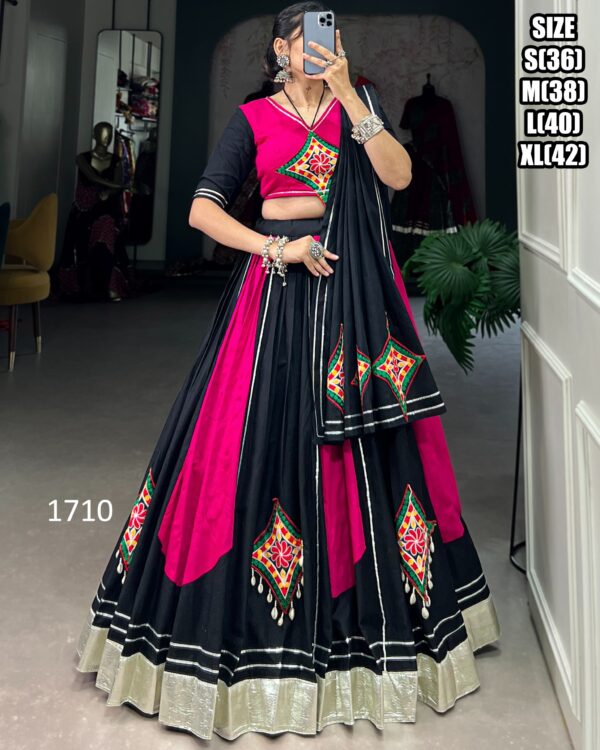 Rani Pink And Black Fancy Gamthi Patch Work Stitch Navratri Lehenga Choli 2024