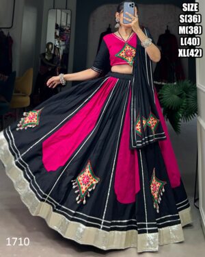 Rani Pink And Black Fancy Gamthi Patch Work Stitch Navratri Lehenga Choli 2024