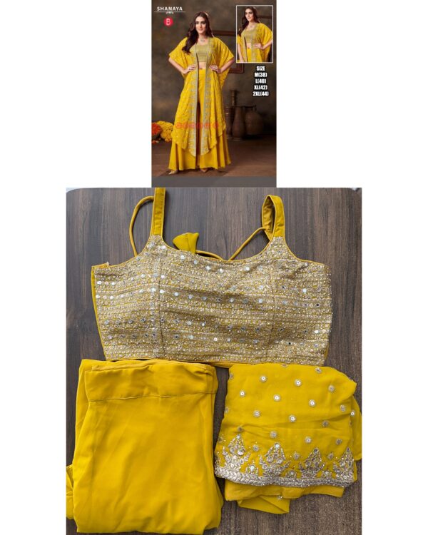 Presenting Our New Designer Crop Top With Plazzo And Shrug Hand Worked In Yellow Georgette For Wedding