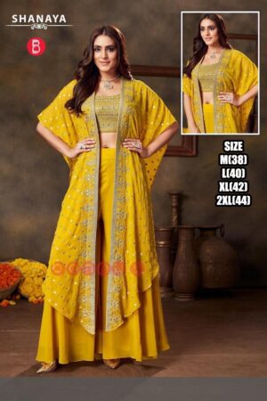 Presenting Our New Designer Crop Top With Plazzo And Shrug Hand Worked In Yellow Georgette For Wedding