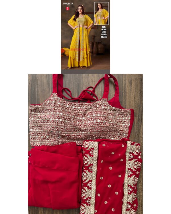 Presenting Our New Designer Crop Top With Plazzo And Shrug Hand Worked In Yellow Georgette For Wedding