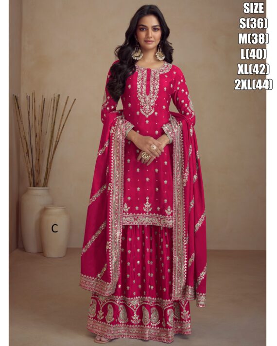 Indian Pakistani Real Chinon With Embroidery Work Wedding Heavy Top Skirt And Dupatta Collection