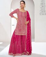 Introducing Our High-Quality Chinon Silk Top Plazo Set, Adorned With Beautiful Embroidery Perfect For a Wedding And Evening Occasions