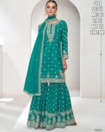 Introducing Our High-Quality Chinon Silk Top Plazo Set, Adorned With Beautiful Embroidery Perfect For a Wedding And Evening Occasions