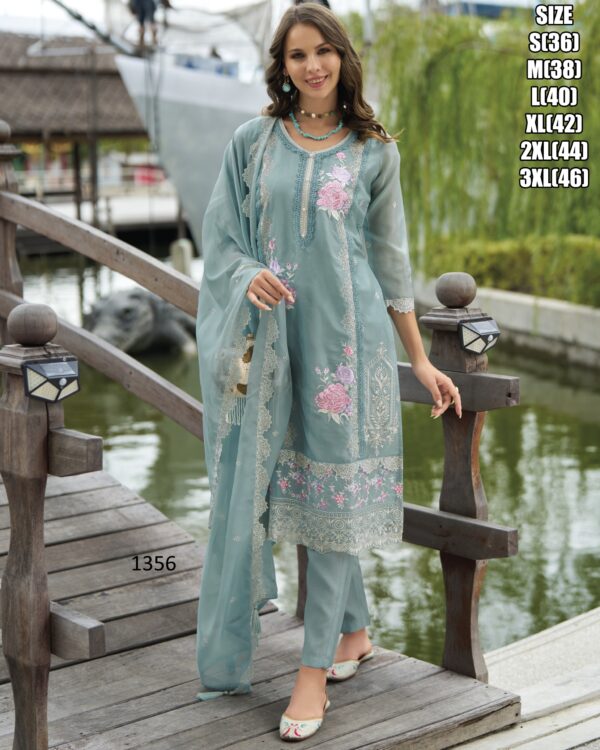 Full Embroidery Work On Soft Organza Festive Wear Kurti With Pant And Dupatta Set